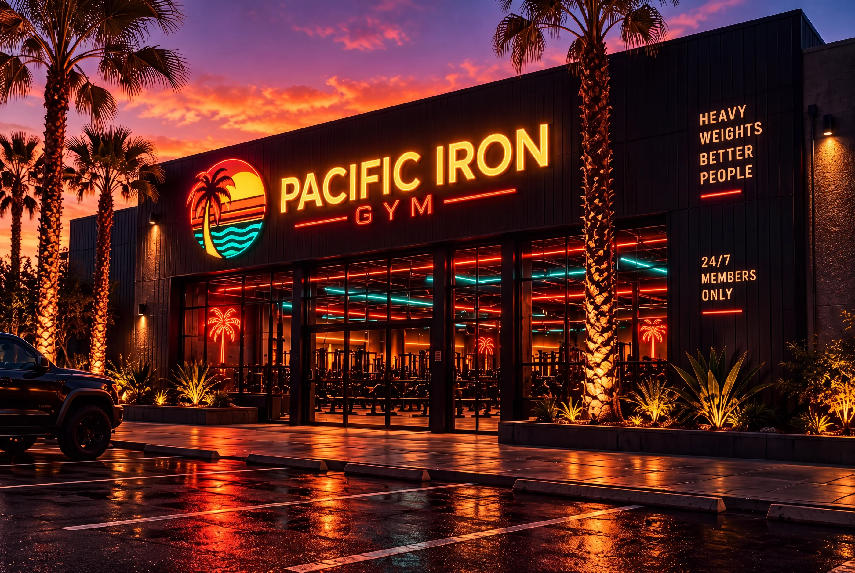 Pacific Iron Gym storefront at sunset with neon signage