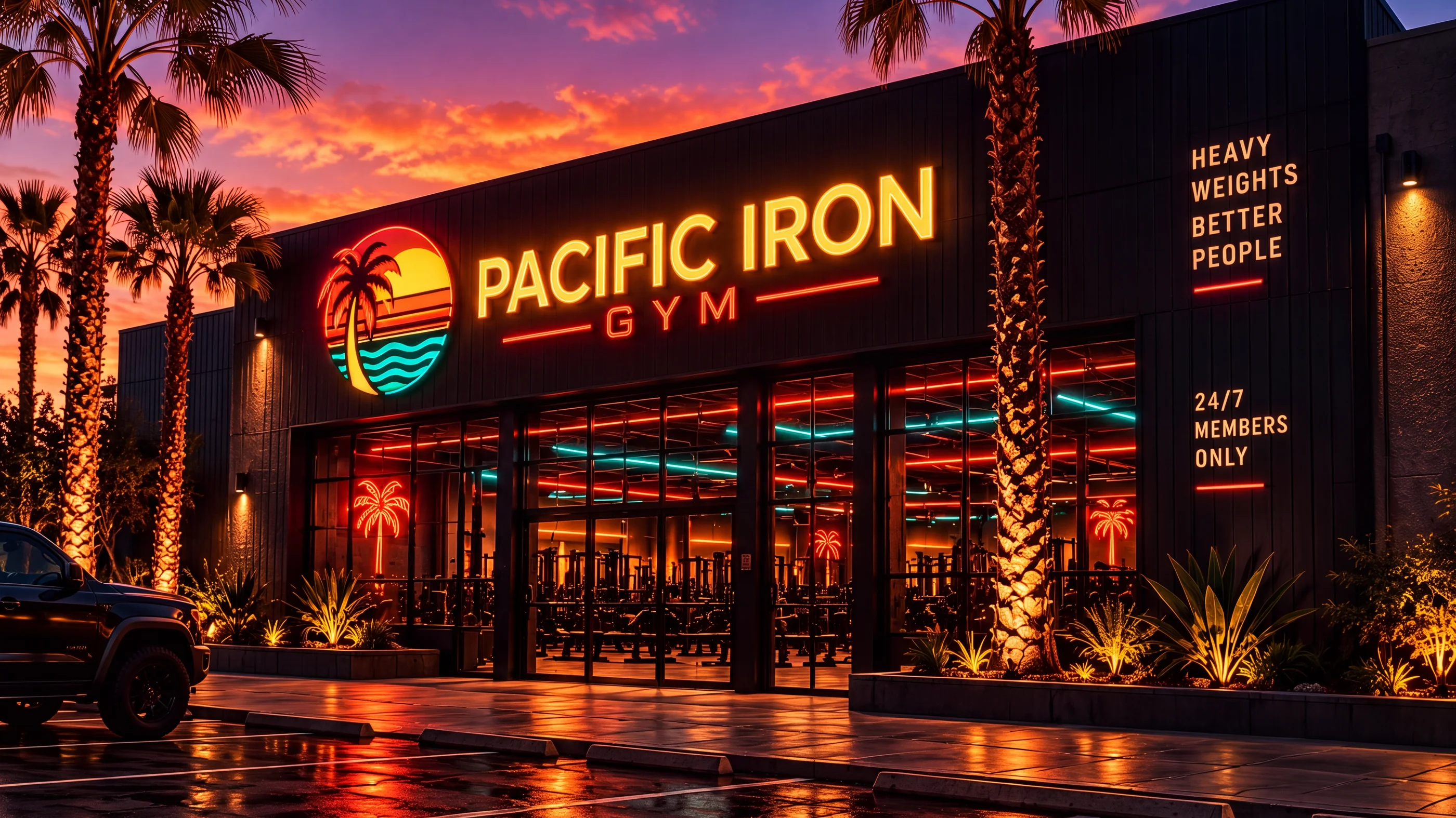 Pacific Iron Gym storefront at sunset with neon signage